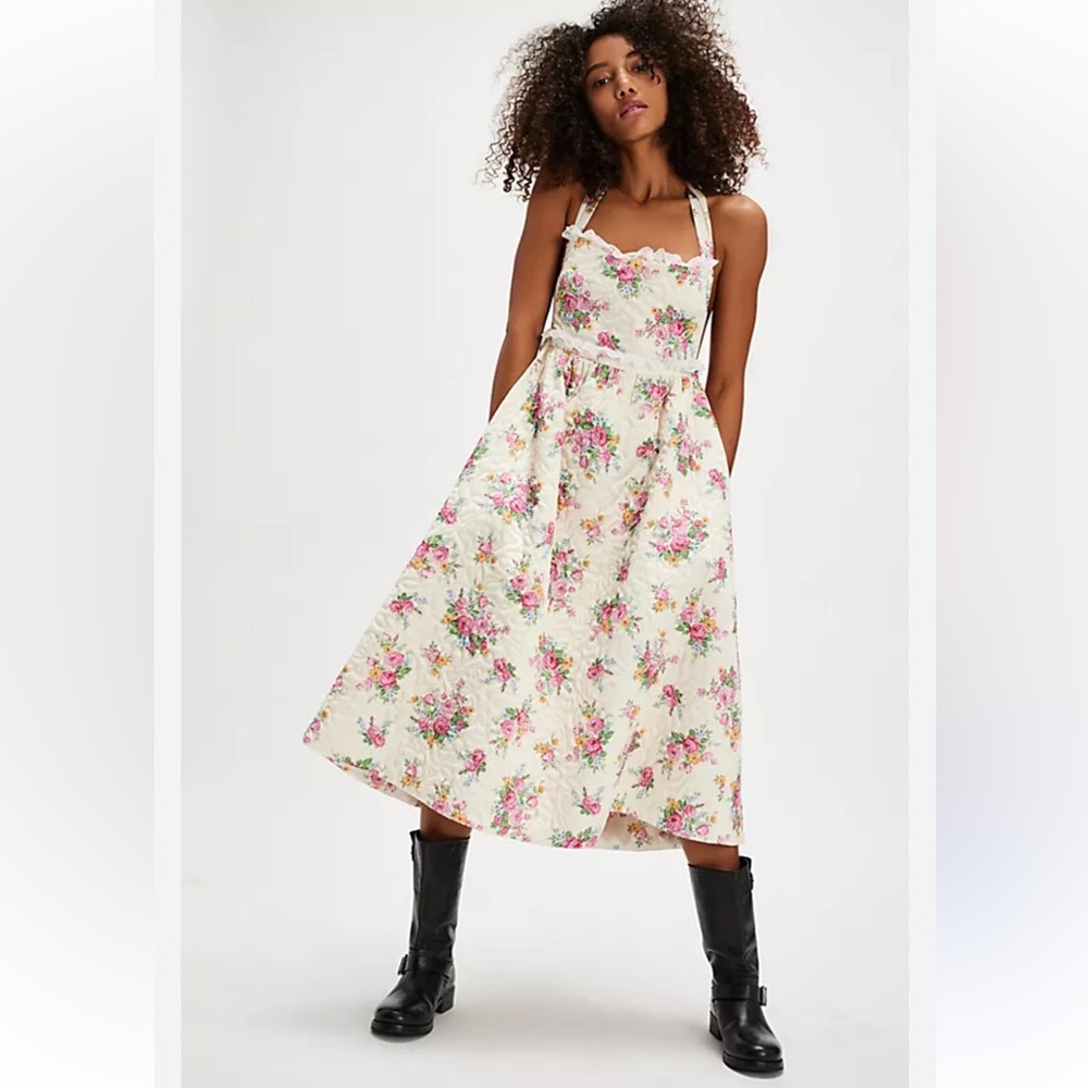 Free People For Love Of Lemons Amandine Midi Dress Adjustable Straps Pink Rose
